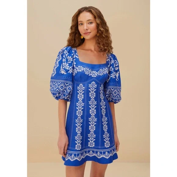 FARM Rio Tropical Printed Blue Euroflax Premium Linen Mini Dress Size Medium NWT - Picture 9 of 13